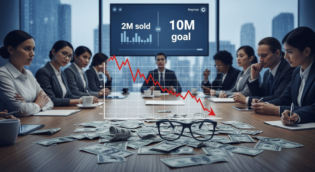 A dramatic financial chart showing declining profits is overlaid with a pair of smart glasses resting on top of a pile of dollar bills. In the background, a boardroom filled with skeptical investors watches a presentation screen showing “2M sold” against a much larger “10M goal.” The mood conveys high stakes, cautious optimism, and looming financial pressure.