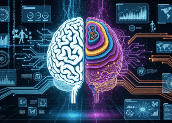A futuristic digital illustration of an AI brain glowing with two distinct halves — one side fast, light, and streamlined (symbolizing non-thinking mode), the other deep, layered, and complex (symbolizing thinking mode). In the background, charts, code snippets, and futuristic circuits represent benchmarks, pricing, and real-world applications.