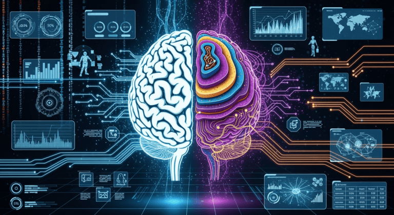 A futuristic digital illustration of an AI brain glowing with two distinct halves — one side fast, light, and streamlined (symbolizing non-thinking mode), the other deep, layered, and complex (symbolizing thinking mode). In the background, charts, code snippets, and futuristic circuits represent benchmarks, pricing, and real-world applications.