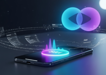 A sleek iPhone on a desk with Siri’s glowing waveform icon in the foreground, while Google’s Gemini AI logo hovers subtly in the background. The scene is styled in a futuristic, minimalistic way with hints of glowing code and digital search results swirling in the air, symbolizing AI-powered search integration.