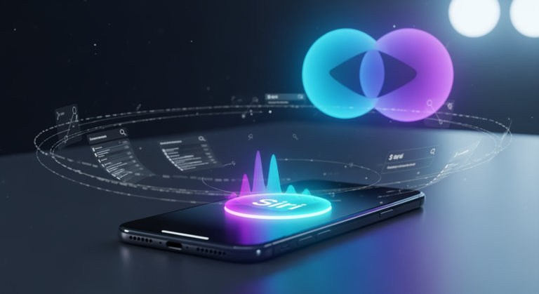 A sleek iPhone on a desk with Siri’s glowing waveform icon in the foreground, while Google’s Gemini AI logo hovers subtly in the background. The scene is styled in a futuristic, minimalistic way with hints of glowing code and digital search results swirling in the air, symbolizing AI-powered search integration.