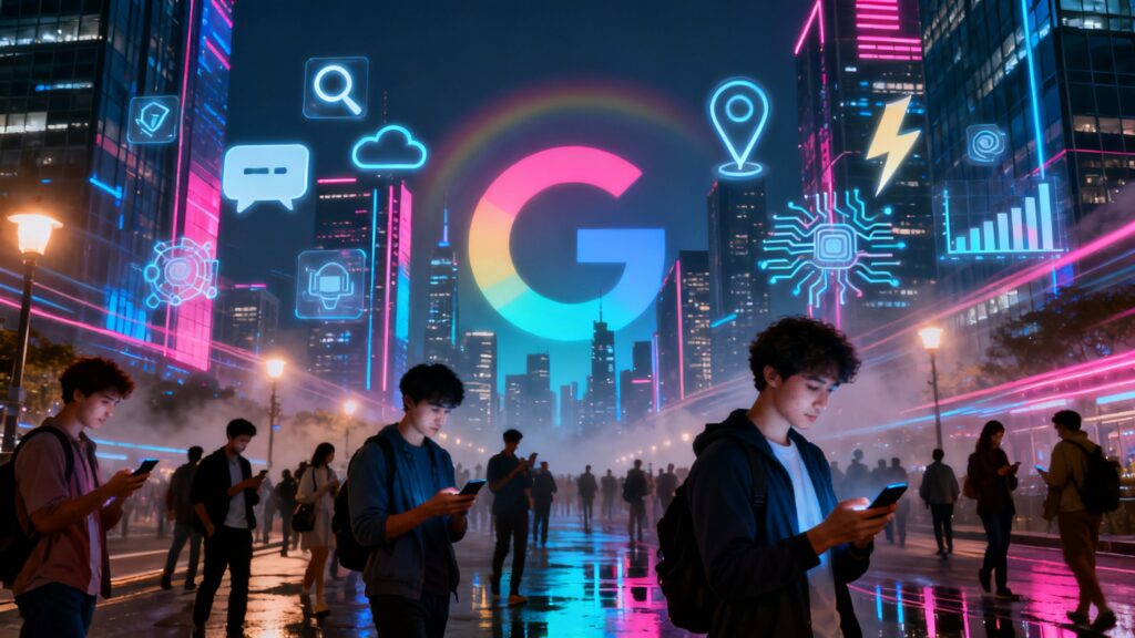 "A vibrant cityscape with glowing digital icons floating above people using smartphones, symbolizing the dawn of a new search era. A large Google logo radiates in the background, highlighting the launch of AI Search Live."