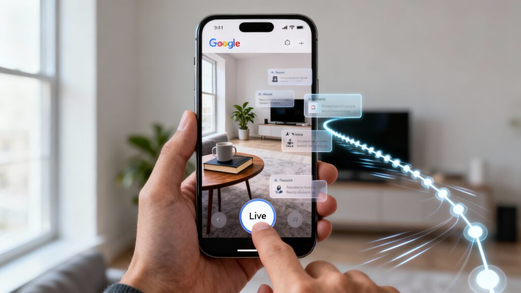 A person holding a smartphone with the Google app open, pressing the new 'Live' button. The screen shows AI responses overlaying real objects, while a futuristic timeline stretches forward, symbolizing the future of search technology.