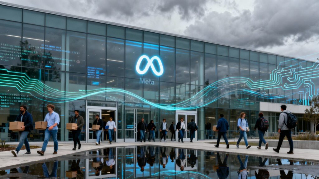 A panoramic shot of Meta’s Menlo Park campus on a cloudy day. The Meta infinity logo glows faintly on the glass facade as employees exit the building, some holding cardboard boxes, symbolizing layoffs. Reflections of digital data streams and circuit patterns overlay the image, representing artificial intelligence. The overall mood is somber yet charged with transformation, capturing both loss and ambition within Meta’s AI division.