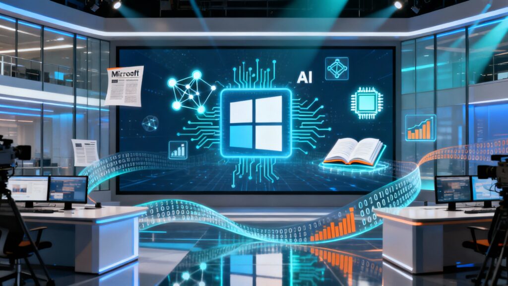 A modern newsroom background with Microsoft’s logo projected on a digital screen, surrounded by glowing AI symbols and icons representing news articles, books, and data streams. The visual conveys the idea of Microsoft entering the publishing world through AI innovation.