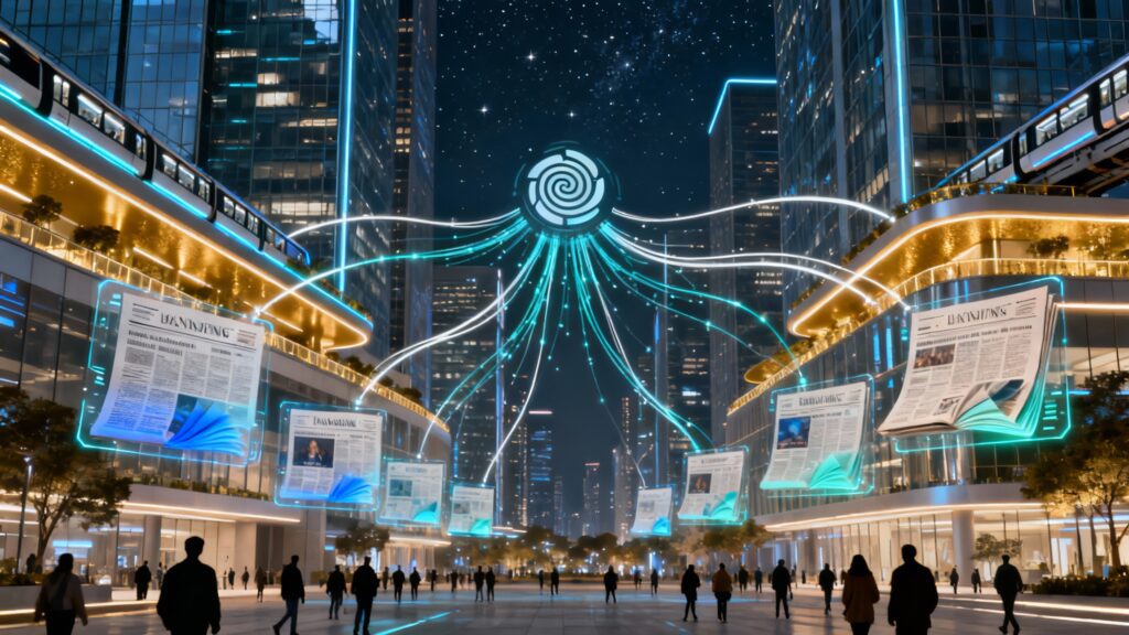 A futuristic city skyline with AI-driven holograms of newspapers and digital articles floating in the air. Microsoft’s Copilot symbol connects publishers and readers through glowing data streams, symbolizing a sustainable and ethical future for AI and journalism.