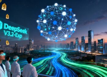 A futuristic digital illustration showing a giant neural network composed of sparse glowing nodes connected by thin lines, hovering over a city skyline. On one side, a glowing “DeepSeek V3.2-Exp” logo projects holographically, while falling price tags symbolize cost reductions. Engineers in lab coats observe massive data streams flowing smoothly, suggesting efficiency and innovation.