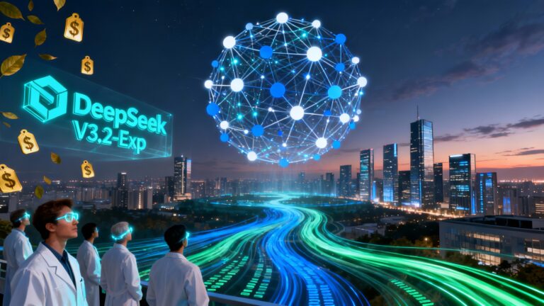 A futuristic digital illustration showing a giant neural network composed of sparse glowing nodes connected by thin lines, hovering over a city skyline. On one side, a glowing “DeepSeek V3.2-Exp” logo projects holographically, while falling price tags symbolize cost reductions. Engineers in lab coats observe massive data streams flowing smoothly, suggesting efficiency and innovation.