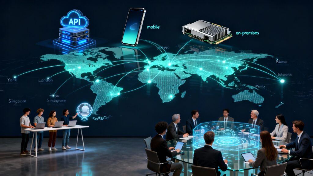 A world map glowing with network lines connecting different cities, symbolizing global accessibility. On the map, icons of cloud servers, smartphones, and GPUs hover, representing API, mobile, and on-premises deployments. In the foreground, a small startup team and a large enterprise group both interact with holographic AI assistants, highlighting broad usability across industries.