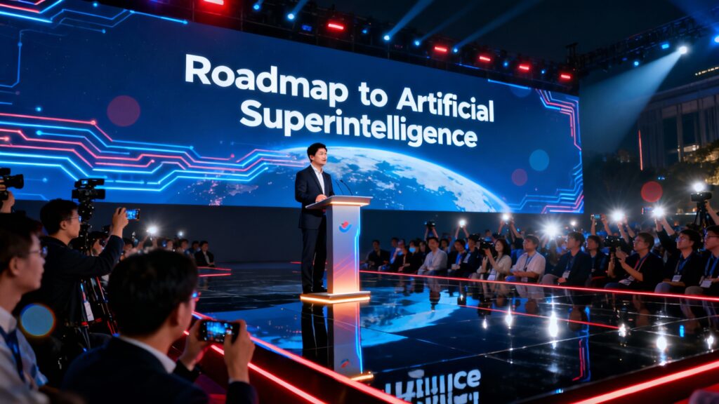 A dynamic stage in Hangzhou, illuminated by blue and red neon lights, where Alibaba’s CEO Eddie Wu stands before a massive digital screen reading “Roadmap to Artificial Superintelligence.” The audience of tech professionals and media captures the moment as camera flashes light up the room. The atmosphere is electric, symbolizing China’s confident entry into the global AI race. A subtle overlay of glowing circuit lines and Earth’s globe in the background conveys the worldwide impact of this announcement.