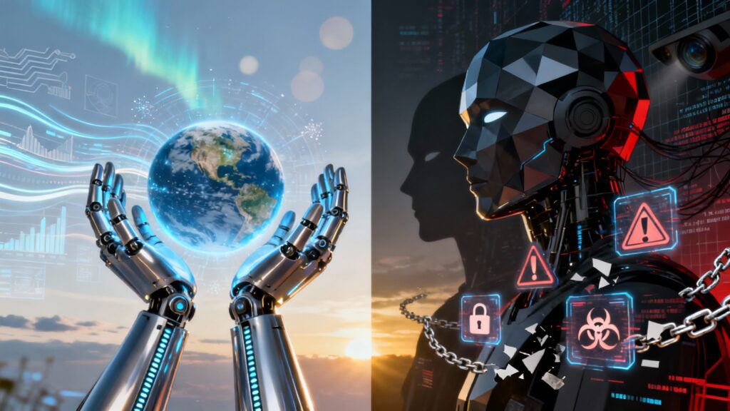 A split-concept futuristic image: on one side, a serene vision of technology uplifting humanity — robotic hands nurturing a glowing Earth surrounded by data streams; on the other, a darker reflection showing AI silhouettes and warning icons representing ethical and existential risks. The composition symbolizes the dual nature of superintelligence — immense promise versus peril. A sunrise breaking through the horizon hints at cautious optimism for humanity’s AI-driven future.