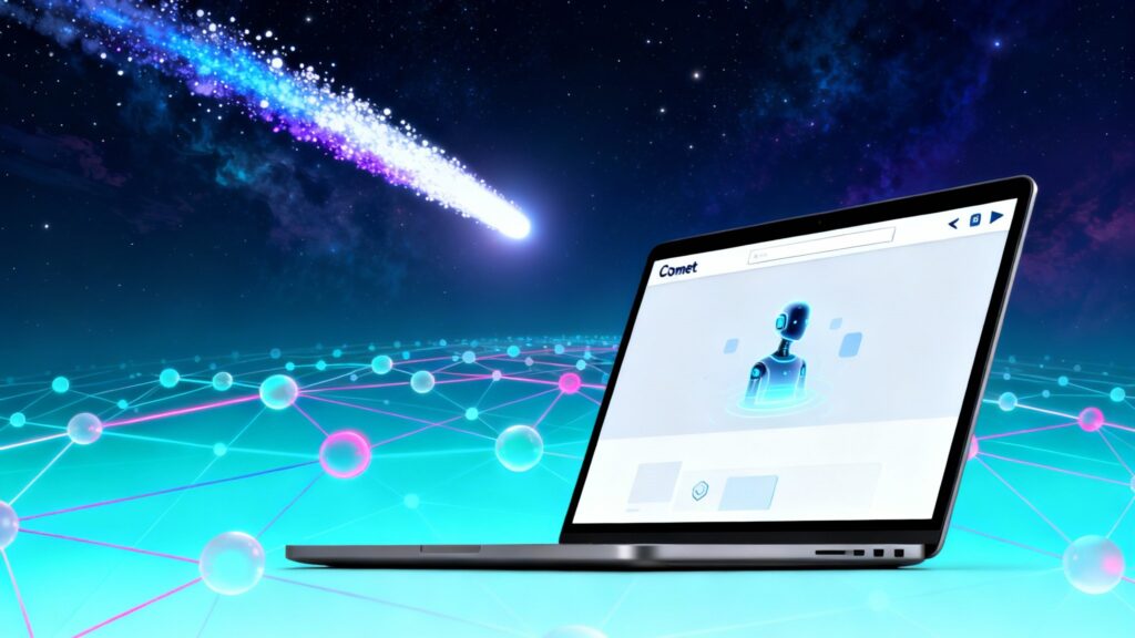 A cosmic-themed digital landscape where a glowing comet streaks across a network of connected data nodes, symbolizing speed and innovation. In the foreground, a stylized laptop screen displays the Comet browser’s sleek interface with a holographic AI assistant emerging from it. The background transitions from deep space blues to bright cyan tones, evoking the dawn of a new era in web technology.