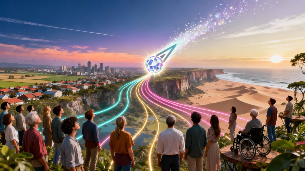 A panoramic view of a diverse group of people around the world, all connected by luminous digital pathways leading toward a radiant comet-shaped AI symbol in the sky. The image symbolizes global accessibility and unity through technology. The horizon glows with soft sunrise hues, representing hope and the future of intelligent, inclusive web experiences.