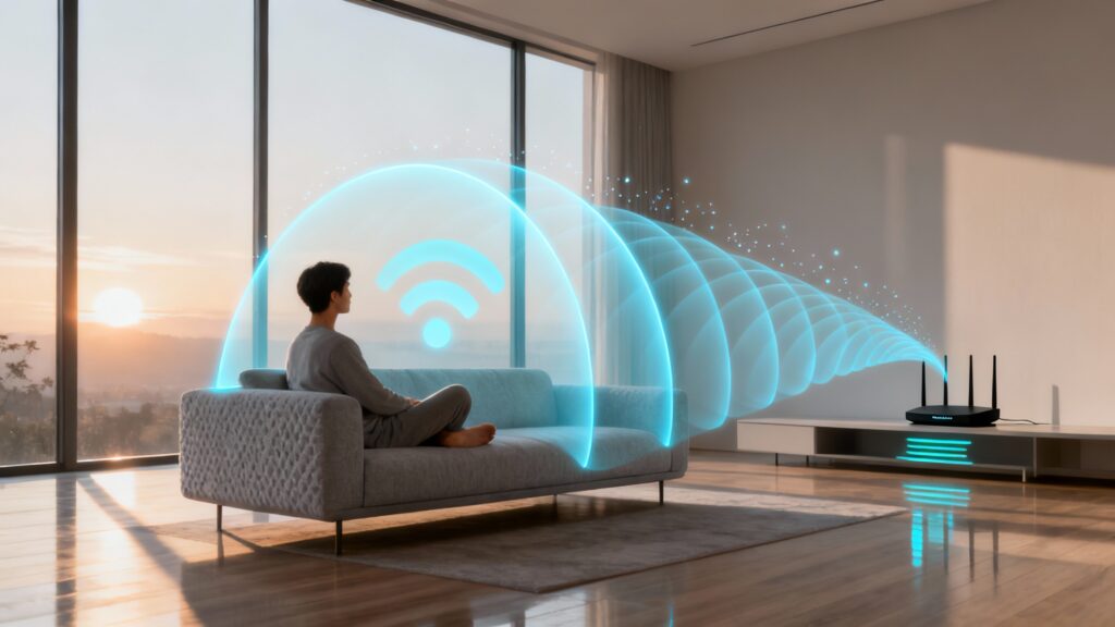 A futuristic living room softly lit by morning light, where Wi-Fi waves ripple through the air as glowing, translucent blue arcs. A person sits calmly on a sofa, unaware that their heartbeat is being measured by the invisible network around them. In the background, a sleek Wi-Fi router emits subtle light pulses, symbolizing the fusion of everyday connectivity and advanced medical science. The scene feels calm yet high-tech, embodying the dawn of contactless healthcare.