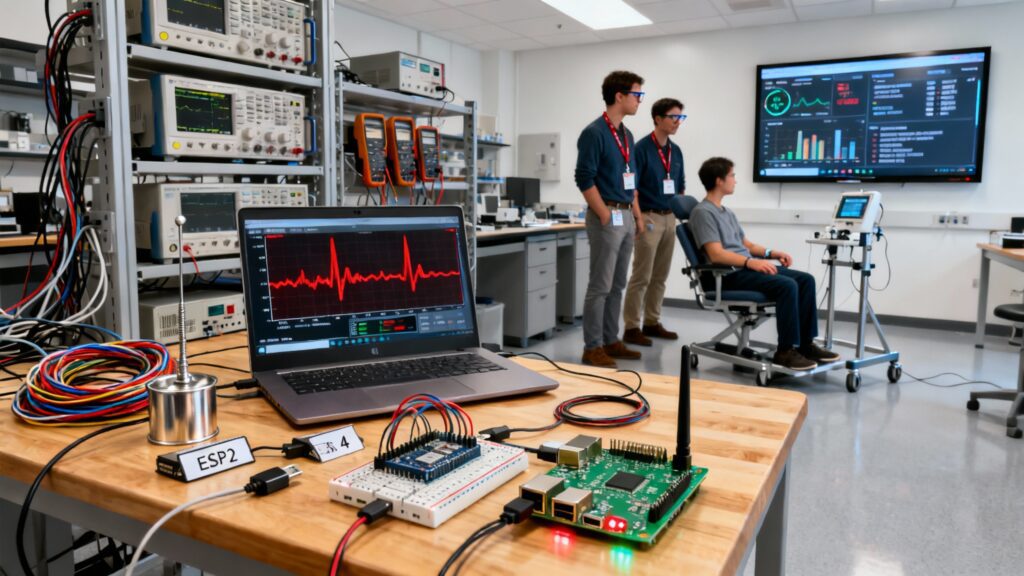 A university research lab filled with computers, wires, and Wi-Fi modules arranged neatly on a workbench. A small ESP32 microchip and a Raspberry Pi sit beside a laptop showing a graph of heart rate signals. In the background, researchers observe a volunteer sitting near the equipment while monitoring data on large screens. The atmosphere reflects focus and innovation — a place where science meets engineering precision to validate the next leap in health technology.