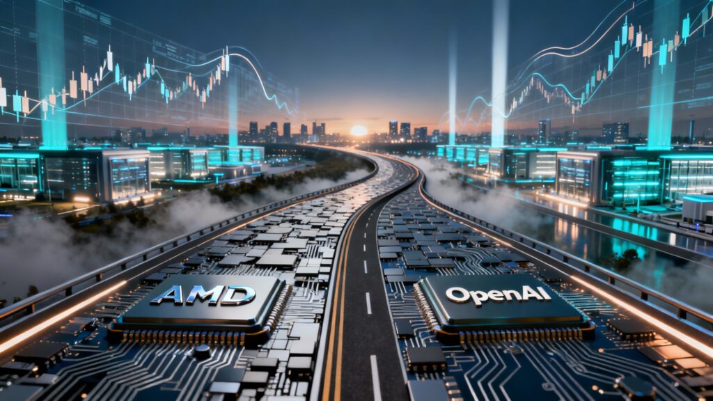 Two diverging but interconnected paths lined with AI chips, one labeled “AMD” and the other “OpenAI.” Both roads converge toward a glowing data center skyline in the distance, symbolizing mutual growth and strategic convergence. Subtle overlays of graphs, circuit lines, and rising stock charts emphasize progress and shared ambition.