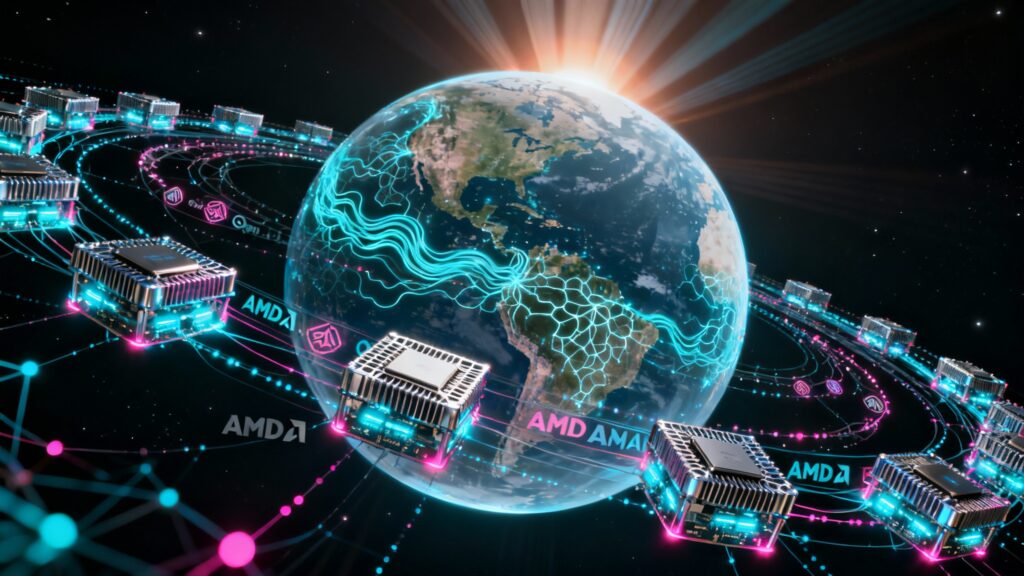 A massive globe illuminated by data streams and neural network patterns, powered by clusters of glowing GPU nodes orbiting around it. The AMD and OpenAI logos appear subtly within the network web, representing their shared influence over global AI infrastructure. The composition radiates energy, symbolizing the dawn of a new era in computational power.