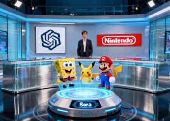 A futuristic newsroom scene showing a holographic projection of SpongeBob, Pikachu, and Mario emerging from a glowing AI interface labeled “Sora.” In the background, a figure resembling Sam Altman stands between the OpenAI logo and Nintendo’s red logo, symbolizing the copyright clash between creativity and corporate control.