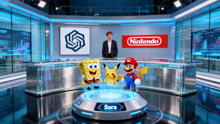 A futuristic newsroom scene showing a holographic projection of SpongeBob, Pikachu, and Mario emerging from a glowing AI interface labeled “Sora.” In the background, a figure resembling Sam Altman stands between the OpenAI logo and Nintendo’s red logo, symbolizing the copyright clash between creativity and corporate control.