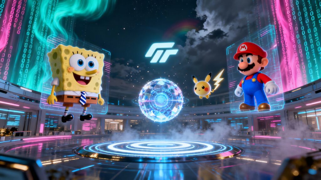 A cinematic digital landscape where beloved characters like SpongeBob, Pikachu, and Mario appear as holograms projected from an AI core labeled “Sora.” A glowing OpenAI logo hovers in the background while streams of binary code swirl around, symbolizing the merging of creativity and technology. The scene radiates excitement but hints at looming controversy.