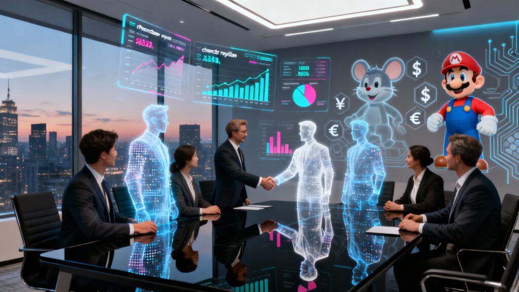 A sleek conference table scene showing business executives and digital avatars shaking hands, surrounded by floating data screens displaying revenue charts and character royalties. Behind them, translucent images of Pikachu and Mario appear with currency symbols and blockchain-style patterns — representing the fusion of art, AI, and monetization in the new era of digital rights.