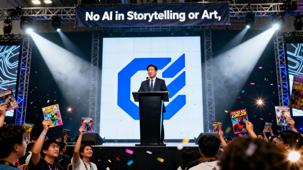 A dramatic shot of Jim Lee standing at the podium during New York Comic Con 2025, addressing a captivated audience under bright stage lights. A massive DC Comics logo glows behind him, and a bold banner reads “No AI in Storytelling or Art.” Fans cheer, holding comic books high in the air. The atmosphere crackles with excitement and creative pride.