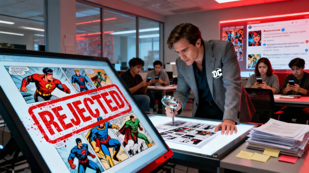 A tense, editorial-style image showing a digital screen displaying AI-generated comic art being stamped with a bright red “REJECTED” mark. In the background, frustrated fans scroll through social media posts while a DC editor reviews artwork with a magnifying glass. The composition highlights controversy, integrity, and DC’s stand for authenticity over convenience.
