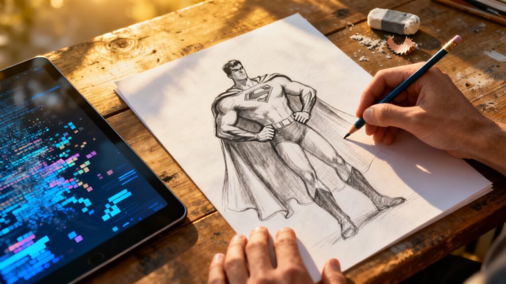 A hopeful, cinematic illustration of an artist’s hand sketching Superman in pencil, with sunlight streaming across the page. On the desk, AI-generated art fades into digital static, symbolizing the triumph of human creativity. The mood is emotional and inspiring — celebrating art, passion, and the enduring human spark behind every superhero story.