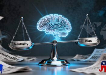 A high-resolution digital illustration showing a futuristic AI brain or circuit network balanced on a scale — one side labeled “Neutrality”, the other “Bias”. The AI core glows with blue light, symbolizing data analysis and transparency. Around it, news headlines and political icons (elephant, donkey, world map) swirl in soft focus, representing global political tension and debate over AI fairness.