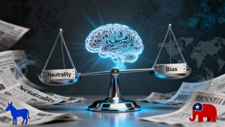 A high-resolution digital illustration showing a futuristic AI brain or circuit network balanced on a scale — one side labeled “Neutrality”, the other “Bias”. The AI core glows with blue light, symbolizing data analysis and transparency. Around it, news headlines and political icons (elephant, donkey, world map) swirl in soft focus, representing global political tension and debate over AI fairness.