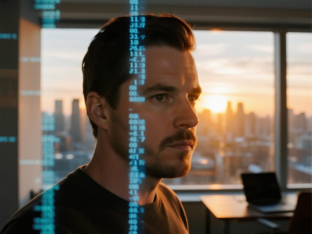 A contemplative portrait of Andrew Tulloch gazing out of a city window at sunset, half of his face illuminated by the warm glow of light, the other by the cool reflection of digital code on glass. The image conveys introspection — the human side of innovation, choice, and consequence — symbolizing that behind every AI revolution lies deeply personal decisions.