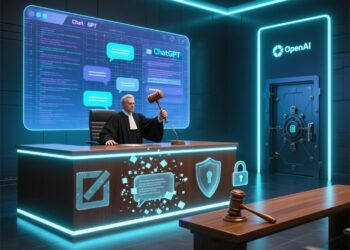 A digital illustration showing a judge lifting a gavel in front of a backdrop of a glowing ChatGPT interface made of code and text bubbles. In the foreground, symbols of “data deletion” and “privacy” appear as dissolving chat logs, while the OpenAI logo fades into a secure digital vault. The tone is modern, tech-centric, and slightly dramatic, representing the balance between AI innovation and user privacy rights.