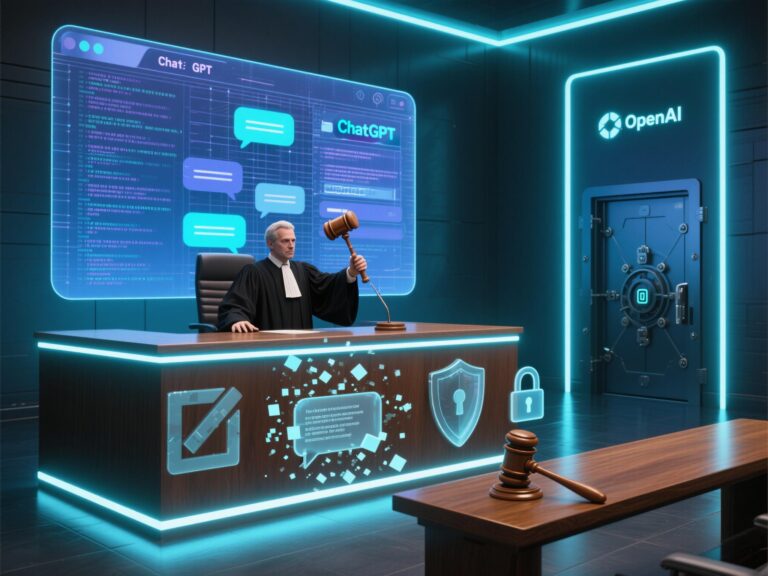 A digital illustration showing a judge lifting a gavel in front of a backdrop of a glowing ChatGPT interface made of code and text bubbles. In the foreground, symbols of “data deletion” and “privacy” appear as dissolving chat logs, while the OpenAI logo fades into a secure digital vault. The tone is modern, tech-centric, and slightly dramatic, representing the balance between AI innovation and user privacy rights.