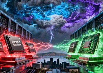 A dramatic digital illustration of a futuristic semiconductor battlefield. On one side, glowing AMD GPUs emblazoned with the Instinct logo radiate red energy; on the other, Nvidia chips pulse green light. In the background, data centers and AI neural networks swirl like storm clouds above Silicon Valley’s skyline, symbolizing the escalating “AI chip war.”