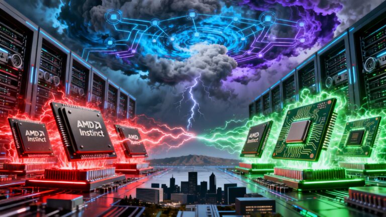 A dramatic digital illustration of a futuristic semiconductor battlefield. On one side, glowing AMD GPUs emblazoned with the Instinct logo radiate red energy; on the other, Nvidia chips pulse green light. In the background, data centers and AI neural networks swirl like storm clouds above Silicon Valley’s skyline, symbolizing the escalating “AI chip war.”