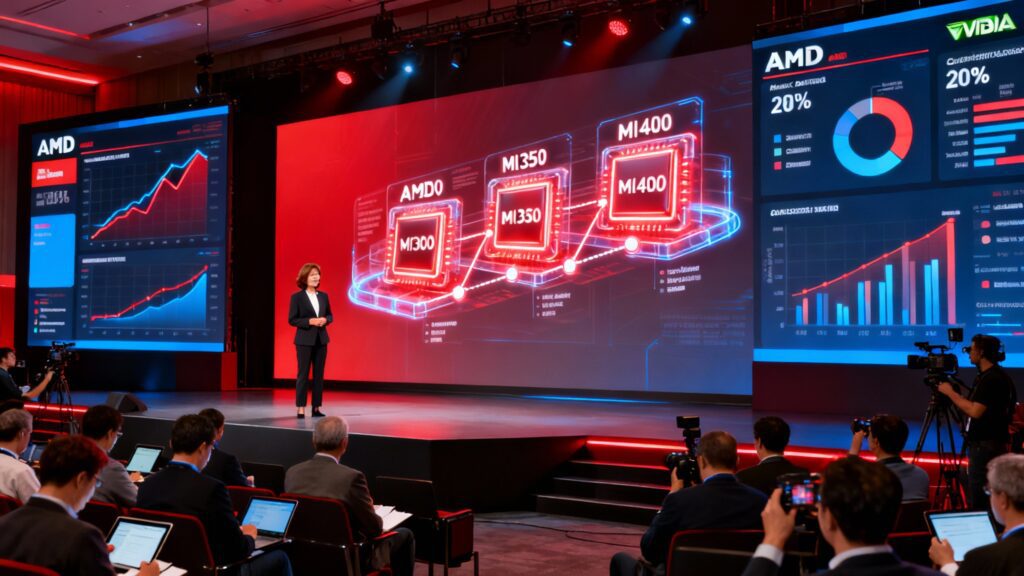 A sleek tech conference scene where AMD CEO Lisa Su stands on stage beside a holographic roadmap of AMD GPUs — MI300, MI350, and MI400 — projected in bright red light. In the audience, journalists and investors take notes while screens behind her display graphs comparing AMD and Nvidia market shares, emphasizing intensifying competition.