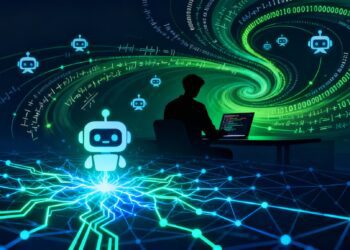 A futuristic illustration of a glowing neural network forming the shape of a chatbot interface, with Andrej Karpathy’s silhouette in the background coding on a laptop. Streams of data and lines of code swirl around him, connecting to smaller AI icons representing “nanochat.” The overall palette is cool blues and tech greens, evoking innovation, accessibility, and open-source collaboration.