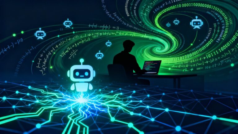 A futuristic illustration of a glowing neural network forming the shape of a chatbot interface, with Andrej Karpathy’s silhouette in the background coding on a laptop. Streams of data and lines of code swirl around him, connecting to smaller AI icons representing “nanochat.” The overall palette is cool blues and tech greens, evoking innovation, accessibility, and open-source collaboration.