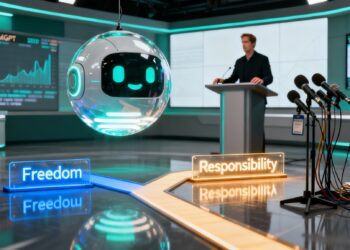 A sleek digital illustration showing a futuristic AI chatbot (with ChatGPT’s logo stylized as a glowing orb) facing two paths — one labeled “Freedom” and the other “Responsibility.” Sam Altman’s silhouette stands in the background before a press podium. The tone is journalistic, blending technology and controversy in a modern newsroom aesthetic.