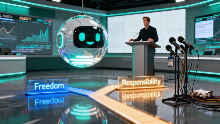 A sleek digital illustration showing a futuristic AI chatbot (with ChatGPT’s logo stylized as a glowing orb) facing two paths — one labeled “Freedom” and the other “Responsibility.” Sam Altman’s silhouette stands in the background before a press podium. The tone is journalistic, blending technology and controversy in a modern newsroom aesthetic.