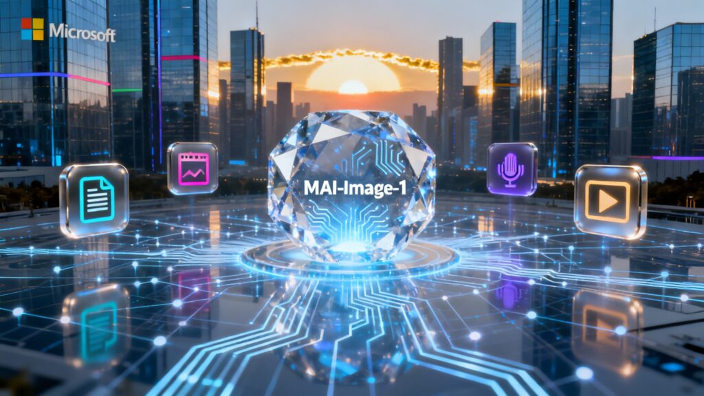 A cinematic image showing a glowing AI core labeled “MAI-Image-1” at the center of a vast digital network. Surrounding it are futuristic icons for text, image, voice, and video—hinting at Microsoft’s multi-modal AI future. The background fades into a sleek Microsoft skyline, with a rising sun symbolizing progress and independence. The overall tone is visionary and conclusive, representing the company’s confident leap into the next AI frontier.