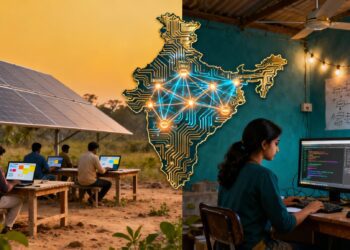 A vibrant digital collage depicting India’s AI revolution — a blend of rural workers labeling data on laptops under solar panels, a woman coder in a small-town workspace, and a glowing neural network map connecting Indian cities. In the background, a large India-shaped silhouette filled with circuit patterns symbolizes the nation’s sovereign AI model.