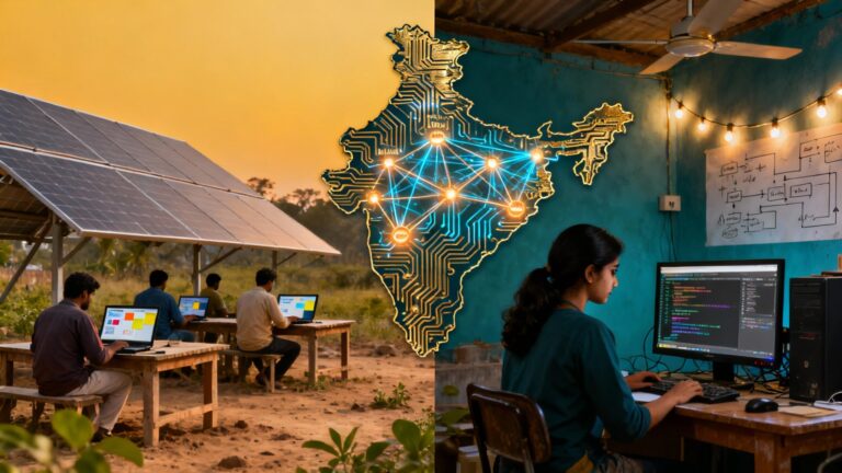 A vibrant digital collage depicting India’s AI revolution — a blend of rural workers labeling data on laptops under solar panels, a woman coder in a small-town workspace, and a glowing neural network map connecting Indian cities. In the background, a large India-shaped silhouette filled with circuit patterns symbolizes the nation’s sovereign AI model.