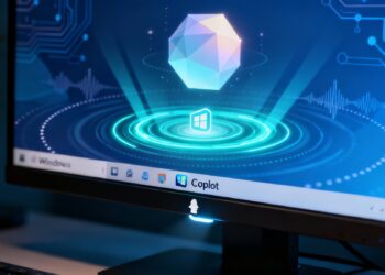 A sleek Windows 11 desktop glowing with an AI halo around the Copilot icon, a holographic assistant hovering above the taskbar. The user speaks a command while digital waves ripple outward from the screen—symbolizing voice, vision, and action converging. The backdrop blends futuristic blue tones with faint circuit lines, representing Microsoft’s AI-powered future.