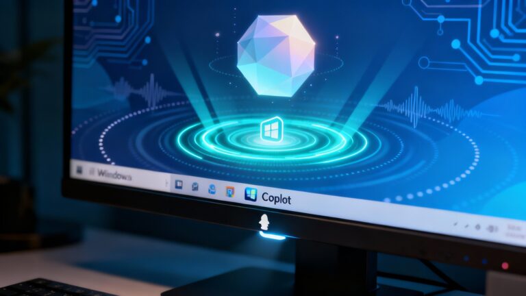 A sleek Windows 11 desktop glowing with an AI halo around the Copilot icon, a holographic assistant hovering above the taskbar. The user speaks a command while digital waves ripple outward from the screen—symbolizing voice, vision, and action converging. The backdrop blends futuristic blue tones with faint circuit lines, representing Microsoft’s AI-powered future.