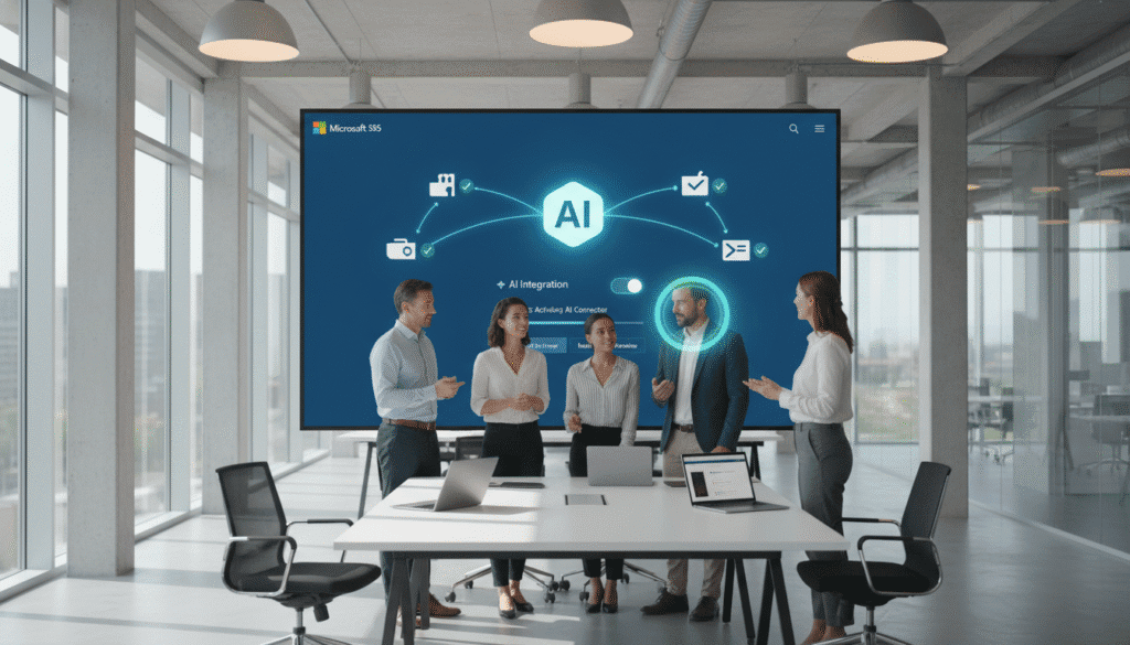 A team of professionals in a modern office, one person enabling an “AI integration” option on a Microsoft 365 dashboard. In the background, Claude AI’s logo connects via glowing digital lines to icons of Outlook, Teams, and OneDrive, representing activation of the new connector. The lighting emphasizes collaboration and accessibility, with a sense of guided setup and empowerment.