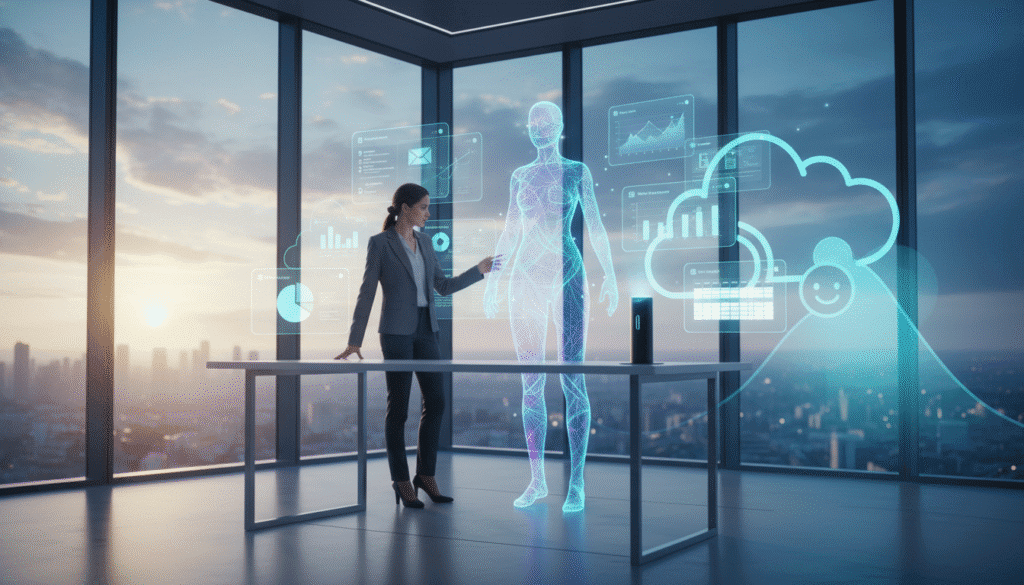 A futuristic office worker interacts with a holographic AI assistant that displays data insights from Microsoft 365—emails, charts, and documents floating in the air. The Claude logo and Microsoft cloud icon merge subtly in the background, symbolizing harmony between human creativity and machine intelligence. The mood is optimistic, forward-looking, and productivity-focused.