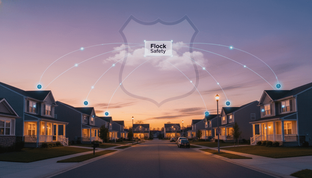 A cozy suburban street at dusk, each home softly lit with Ring doorbells glowing blue. In the sky above, faint digital data streams connect the homes to a central hub labeled “Flock Safety.” A silhouette of a police badge forms subtly in the background clouds — symbolizing the fusion of community security and law enforcement surveillance.
