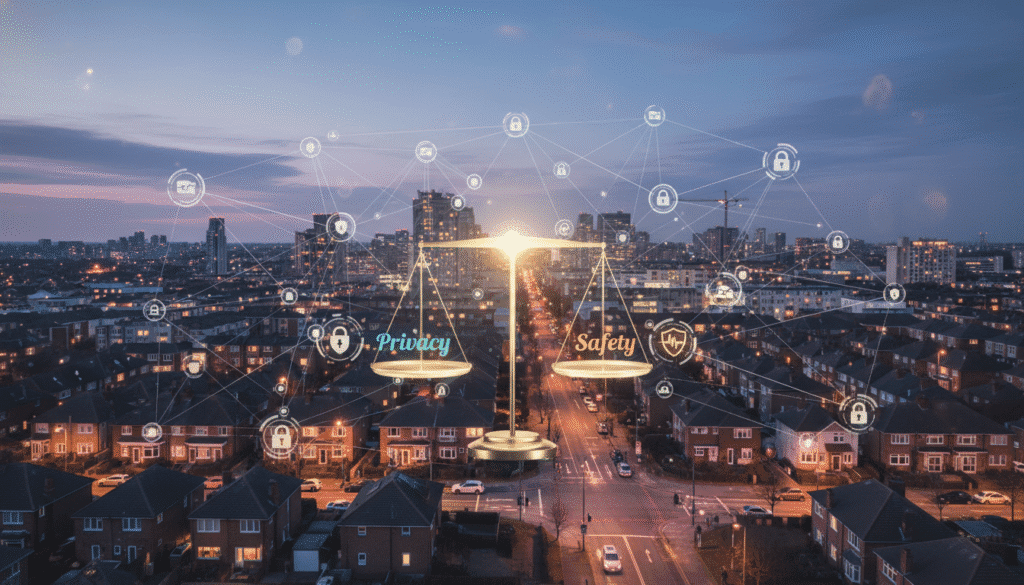 A panoramic cityscape blending homes, streets, and digital grids — with camera icons and data nodes forming a vast connected web. At the center, a glowing balance scale hovers: one side labeled “Privacy,” the other “Safety.” The image captures the central tension of modern surveillance — protection versus personal freedom.