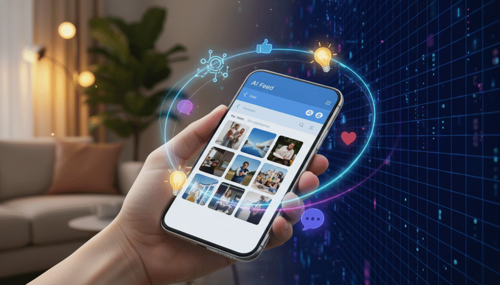 A smartphone screen showing the Facebook app open, with an AI-like glow highlighting photo thumbnails being analyzed. Floating icons of algorithms, lightbulbs, and social media reactions (likes, hearts, comments) swirl around the phone. The background fades between a cozy home setting and a digital data grid — symbolizing the crossover between personal life and AI technology.